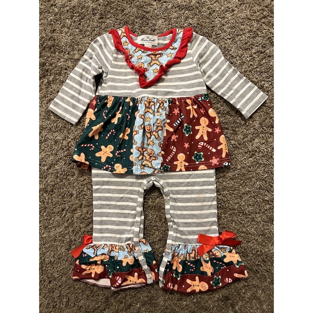 Marie Nicole Gingerbread Christmas Holiday‎ Outfit Romper Ruffles 12-18 months